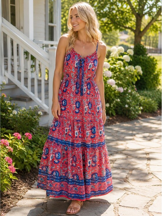 NATURAL LIFE Dresses & Skirts - Natural Life Isabella Red Blue Floral Tiered Maxi Dress Sz Med Boho NWOT